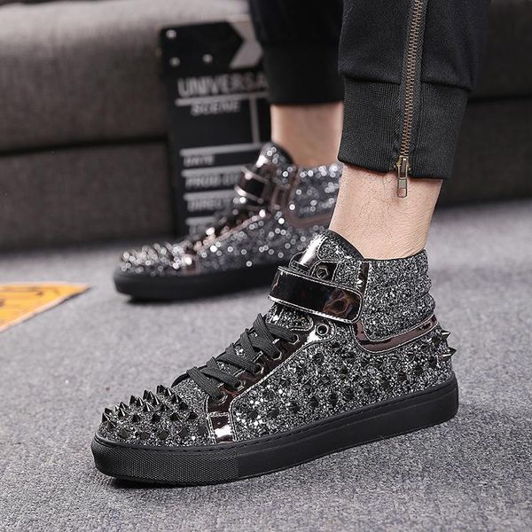 

boots mens genuine leather rivets shoes punk nightclub ankle boot platform flats shoe personality footwear zapatos botas hombre, Black