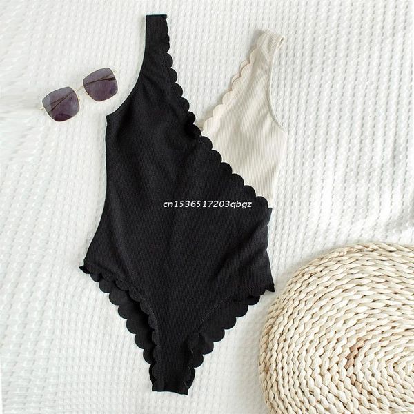 

one-piece suits women contrast color splicing bikini deep v-neck high waisted ribbed swimsuit monokini scalloped trim bathing suit drop