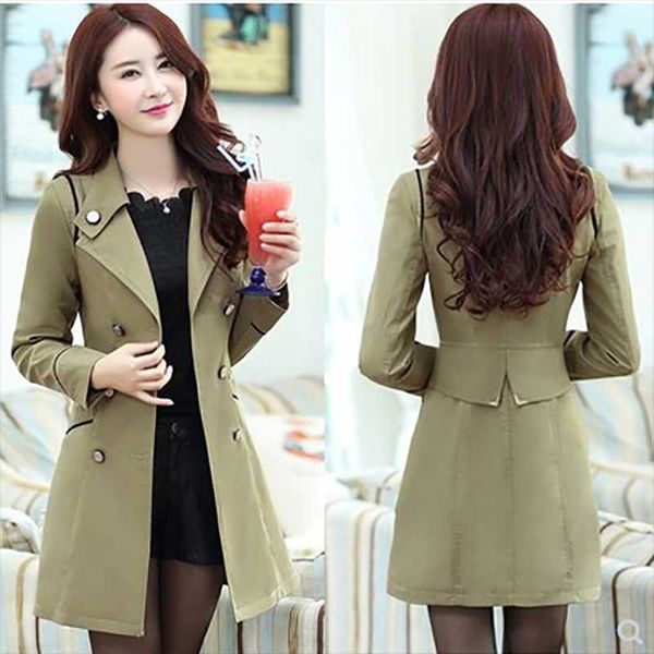 

women's trench coats 2021 spring and autumn double-breasted collar solid color windbreaker jacket mid-length long-sleeved women, Tan;black