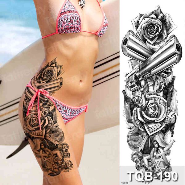 Tatuagens temporárias de tamanho grande rosa e arma flor completa braço tatoo manga mulheres sexy corpo arte adesivos coxa pernas tatuagem