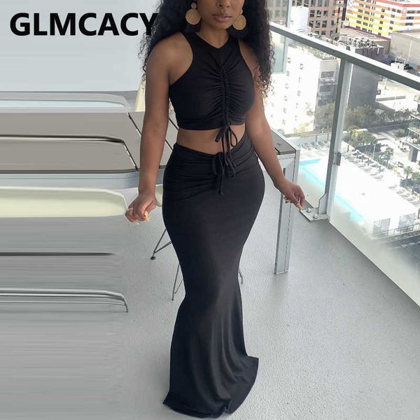 

two piece casual dress suits sleeveless crop & maxi skirt set 210702, White