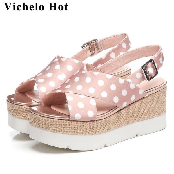 

large size sweety girl polka dot decoration peep toe buckle strap women sandals wedges platform high bottom gladiator shoes l5f9, Black