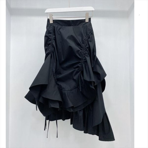 

[ewq] korean version pleated clothing womens skirt summer fashion all match thin fold solid color fishtail asymmetrical, Black