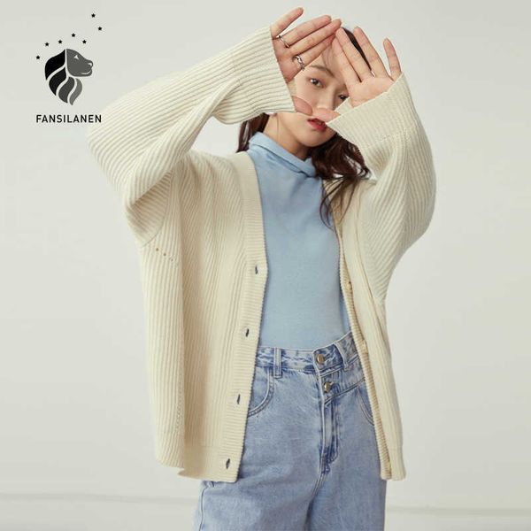 

fansilanen elegant autumn winter white knitted cardigan women long sleeve flame oversized sweater female casual short jumper 210607
