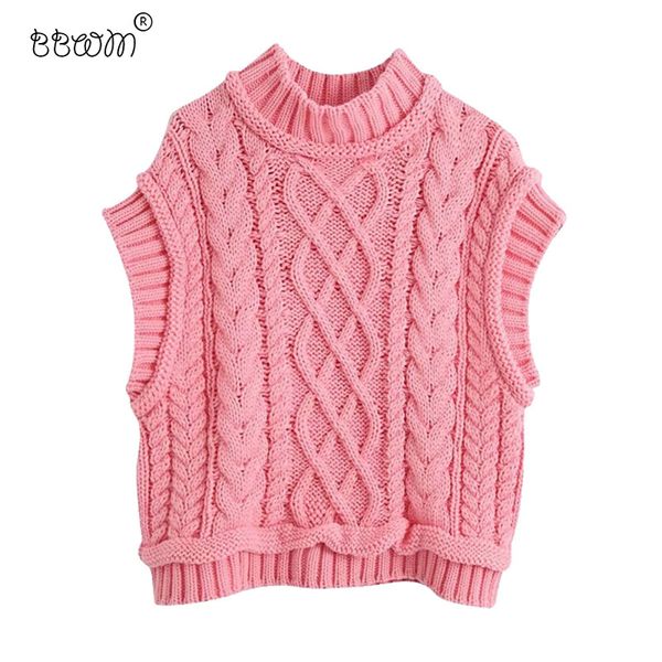 

bbwm women sweet fashion cable knitted cropped vest vintage high neck sleeveless sweater girls chic 210520, Black;white