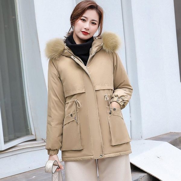 

women's down & parkas solid thick hooded with fur ladies casual winter jackets long sleeve wool liner pockets warm coat outwear female, Black