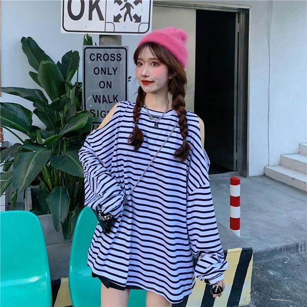 

women's t-shirt o-neck striped off shoulder long sleeve woman tshirts korean clothes harajuku causal tee ins hipster loose oversized la, White