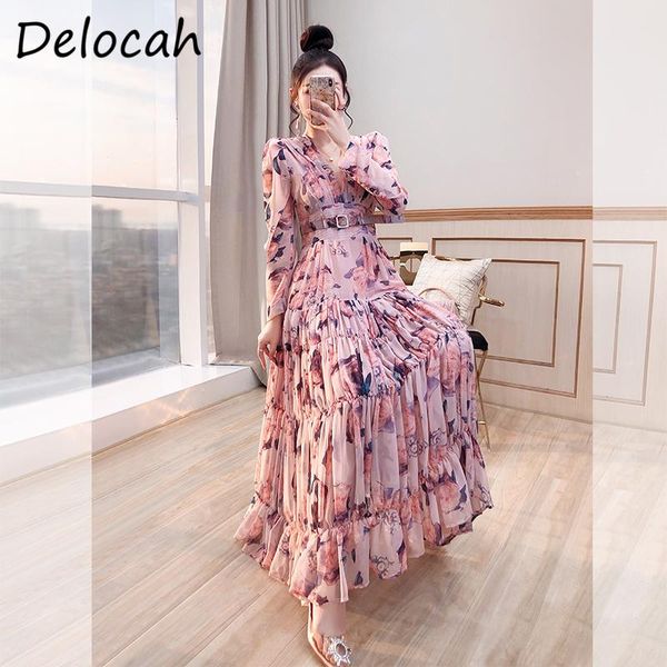 

delocah 2021 fashion summer runwayÂ designerÂ boho holiday long dress v-neck high waist printed ladies chiffon dresses casual, Black;gray