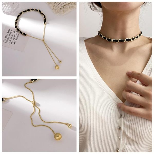 

chokers xiaoboacc korean fashion necklace for women simple metal braided tassel ball velvet clavicle neck chain, Golden;silver