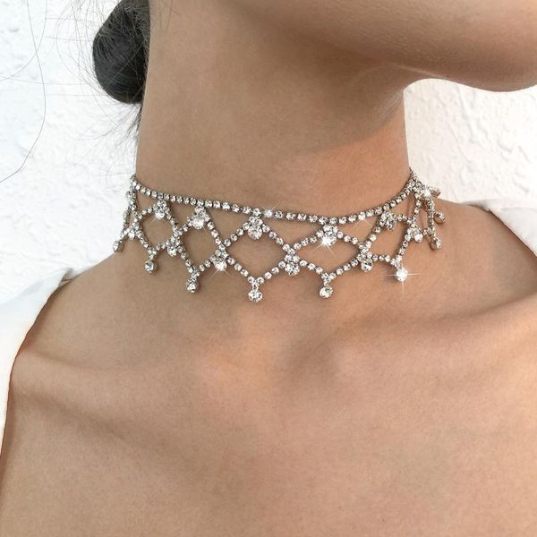 

chokers fashion crystal zircon necklace for women wedding party banquet clavicle chain female jewelry hollow out mesh necklaces, Golden;silver