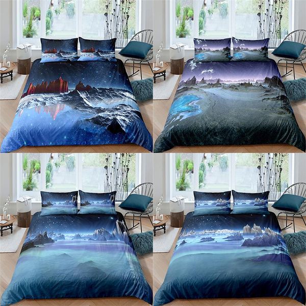 

starry sky landscape printed 2/3pcs bedding set mountain pattern duvet cover and pillowcase home textile  king size sets