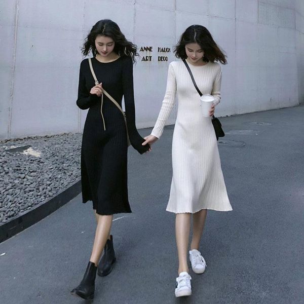 

casual dresses korean women's 2021 spring winter girlfriends outfit slim long base dress long-sleeved knitted solid color vestidos lady, Black;gray