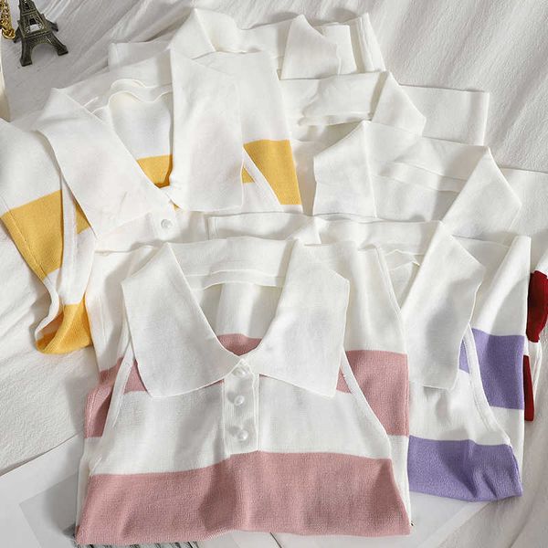 

fashion age-reducing breasted halter neck lapel knitted vest summer color matching stripes halter sleeveless 210709, White