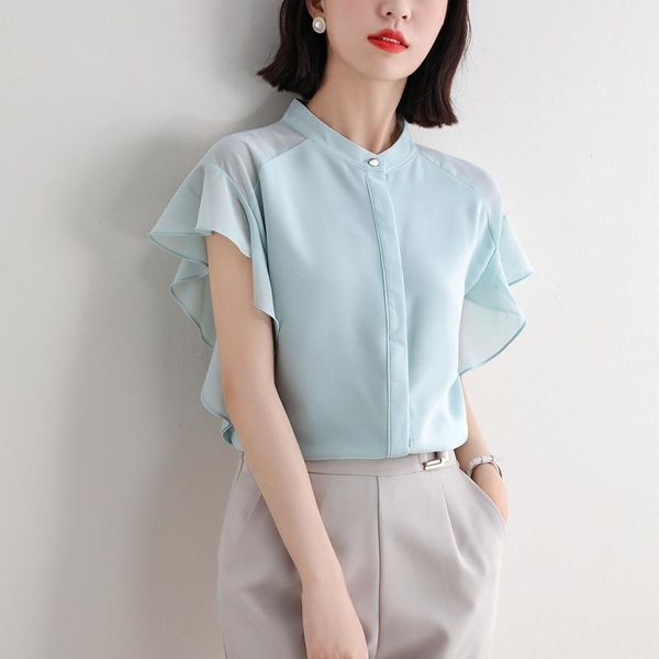 

women's blouses & shirts shirt 2021 summer ruffle short sleeve round neck solid color temperament chiffon 2-8664#], White