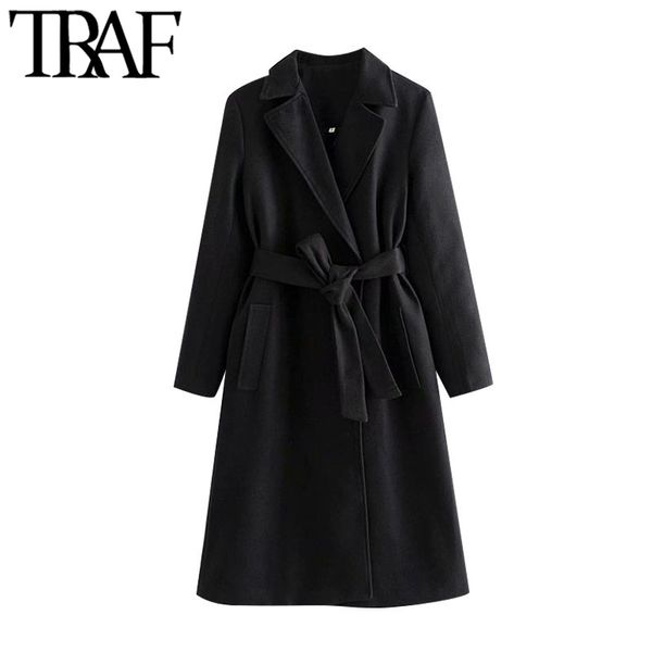 

traf women fashion with belt side pockets woolen coat vintage long sleeve back vents female outerwear chic overcoat 210415, Black