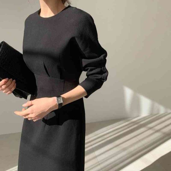 

casual dresses korean chic temperament autumn o neck wrap hip split black long sleeve dress vestido feminino fashion slim waist wild pw4h, Black;gray