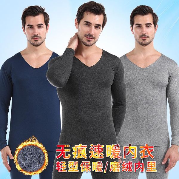 

men's thermal underwear traceless suit thin winter plush de autumn clothes and pants for outer wear, Black;white