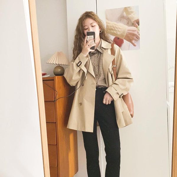 

women's trench coats short parka 2021 spring and autumn british style drape temperament, Tan;black