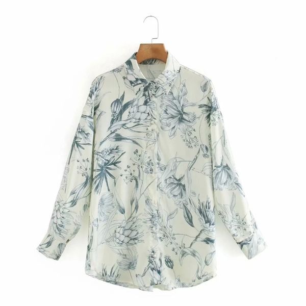 

women floral printing satin shirt femme turndown collar long sleeve blouse casual lady loose blusas s8069 210401, White