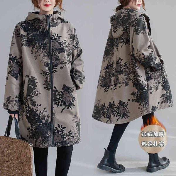 

women's trench coats autumn winter quality ramie maple leaves print plush thickening retro long coat large women's casual thin ox6, Tan;black