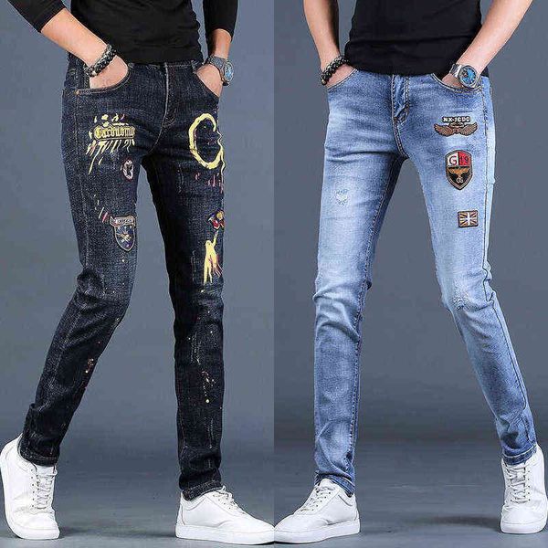 Calças de brinco de Bordado de Luz dos Mens, Impressões Slim-Fit Stretch Blue Jeans, De Alta Qualidade ScratchesRipped Jeans Calças Casuais; G0104.