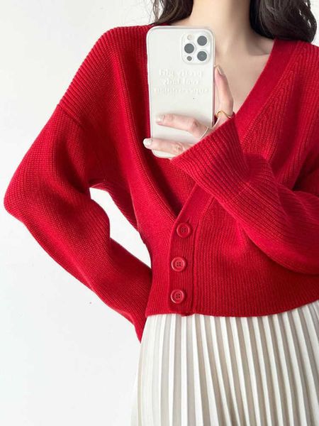 

women's sweaters sweaters women v-neck red knitted cardigan ladies simple waist with buttons sweater outwear wcsf, White;black
