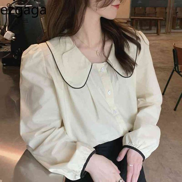 

ezgaga elega korean fashion long sleeve women blouse loose spring summer solid contrast all-match ladies shirts casual 210430, White
