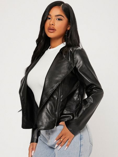 

petite zip up pu leather moto jacket 44wc#, Black;brown