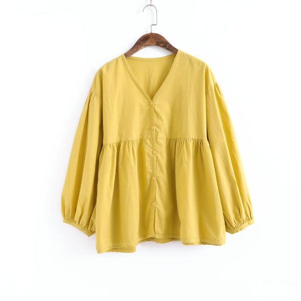 

fairynatural female sweet style shirts loose retro v-neck long lantern sleeve ladies 2021 autumn spring casual blouse women's blouses, White