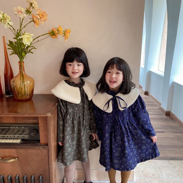 

autumn winter korean style floral fleece lining dress with removable fur collar fashion girls all-match princess dresses 210508, Red;yellow