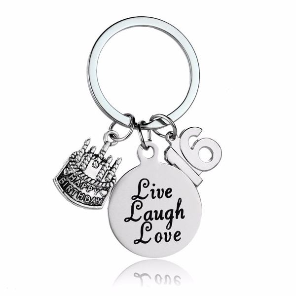 

keychains 12pc/lot stainless steel keyring live laugh love 16 birthday cake charm keychain for family women men friend gift key chain, Silver