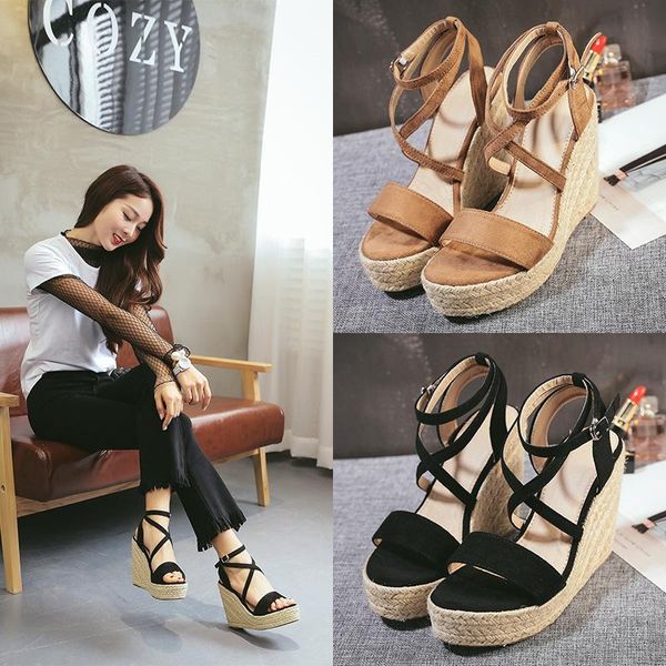 

open toe super high platform wedges women sandals leisure ankle strap gladiator ladies shoes summer buckle, Black
