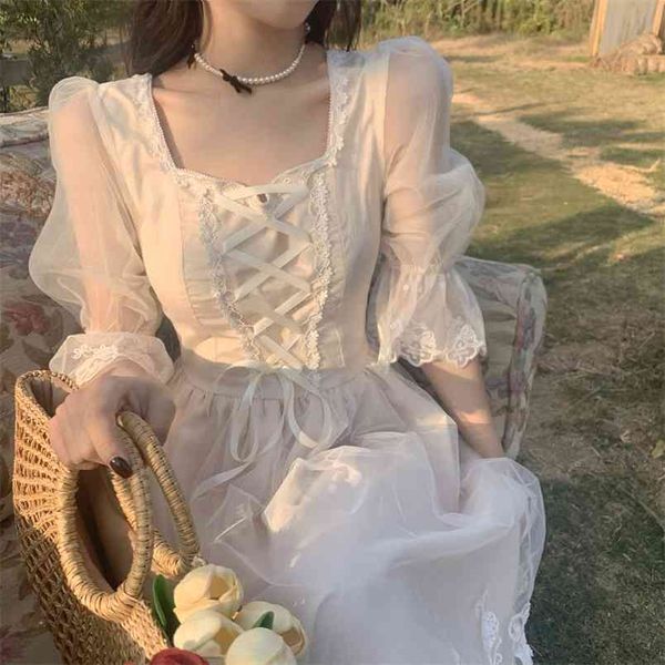 

summer sweet lace patchwork chiffon elegant dress women korean fashion square collar short sleeve fairy party female 210519, Black;gray