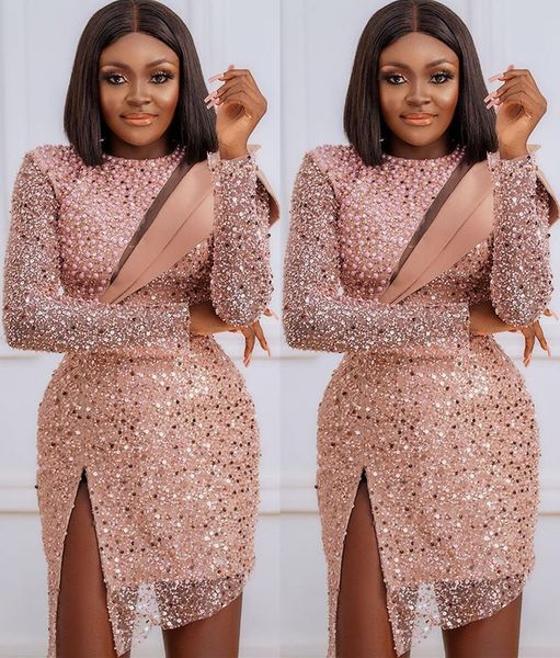 

aso ebi 2022 arabic plus size luxurious gold sparkly prom dresses pearls short sheath evening formal party second reception birthday engagem, Black;red