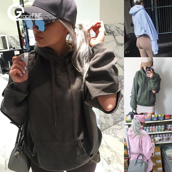 

women's hoodies & sweatshirts autumn winter solid color hooded sweatshirt long sleeve jumpers ripped holes bling casual pull coat femal, Black