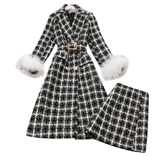 

pieces sets women fashion plaid woolen mini skirt+winter slim wool blends coat women's two piece pants, White