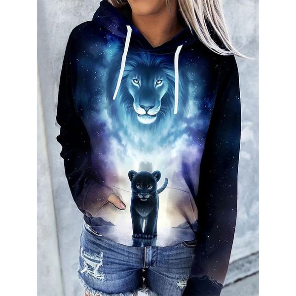 

women's lion print party pullover hooded sweatshirt graphic 3d printing round neck long sleeve casual fall winter, Black