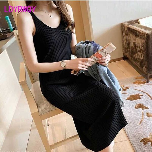 

[ldyrwqy] fall slim knit camisole dres's tank ankle-length office lady knitting cotton 210603, Black;gray