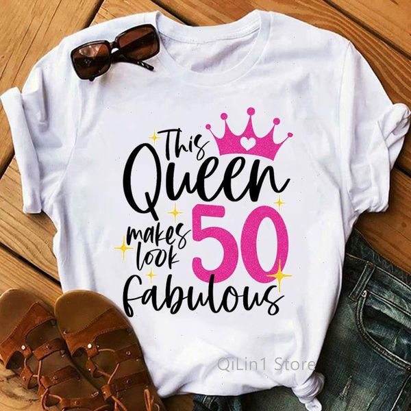 

this queen makes 50 look fabulous crown print graphic t shirts lovely friends birthday female summer clothes t-shirt, White