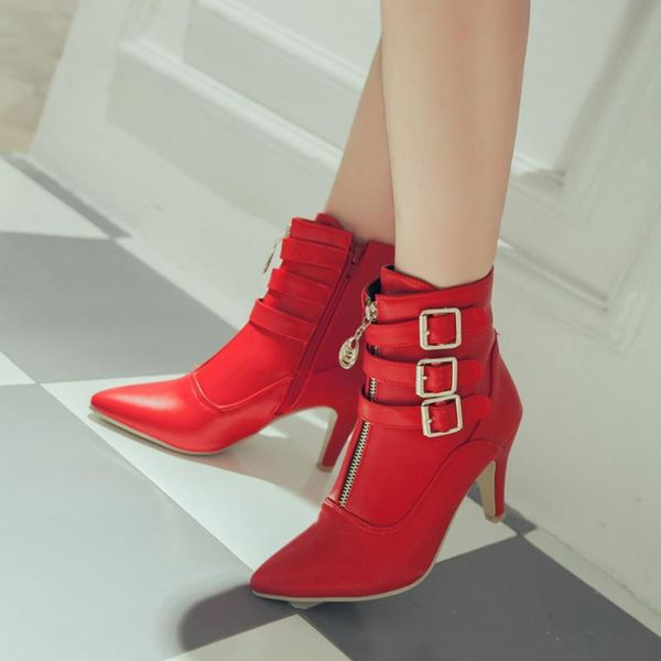 

boots fashion sharp end belt buckle side zipper high heeled women's in autumn and winter of 2021, Black