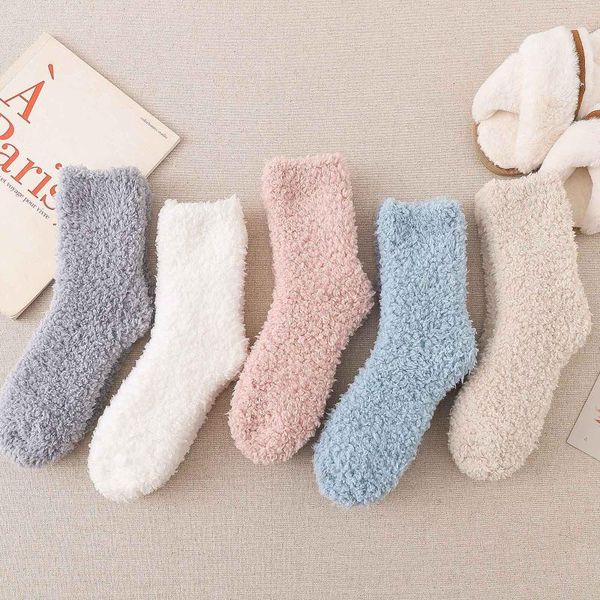 Calzini sportivi 1 # Donna Cotone Carino Inverno Kawaii Coral Fleece Tubo centrale Sleeping Home Solid Stocking