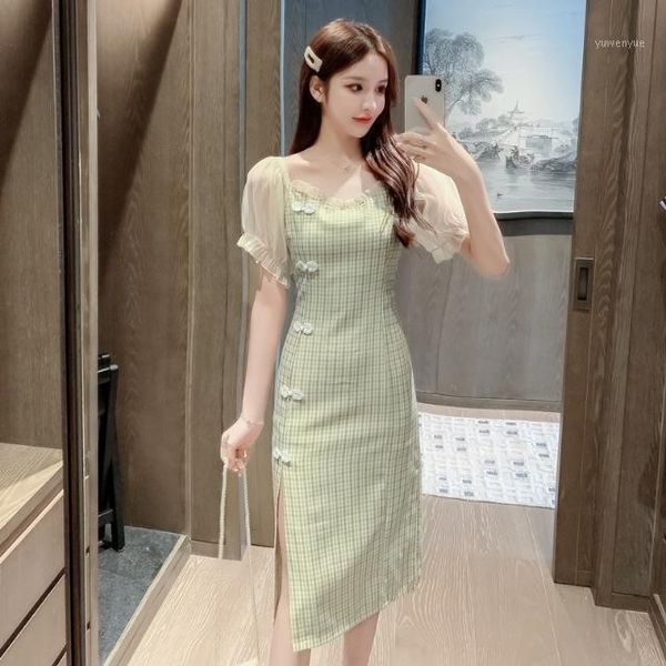 

casual dresses dress women's waist slim mid length split cheongsam children's xia minguo style plaid, Black;gray