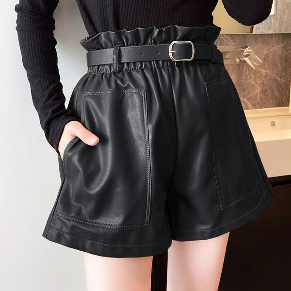 

women's shorts fashion leather for women belted elastic high waist casual short pants with pockets streetwear ladies workwear, White;black