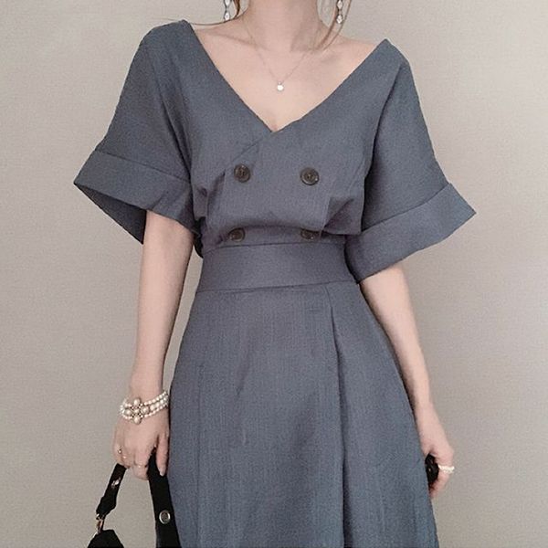 

matakawa elegant deep v-neck woman dress shoulder down double breasted vestidos slim waist puff sleeve dress summer long robe 210513, Black;gray