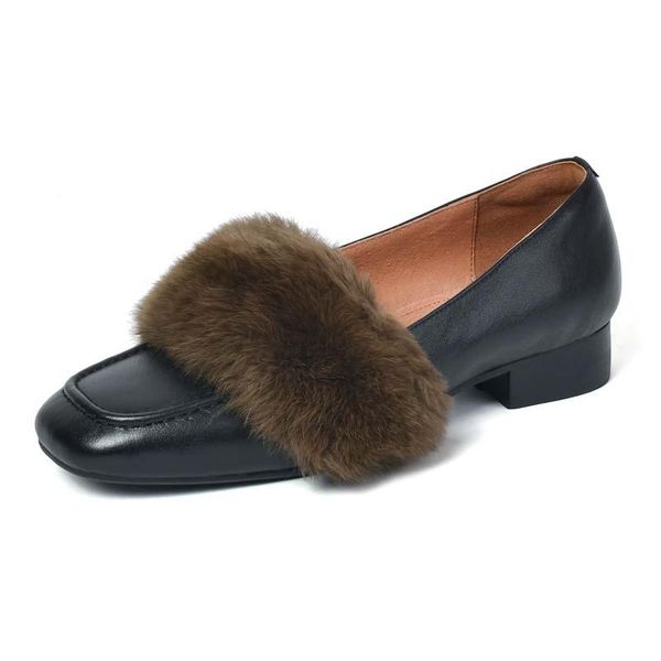 

dress shoes 2022 genuine leather loafers women spring low thick heeled fashion lady brown green square toe pumps, Black