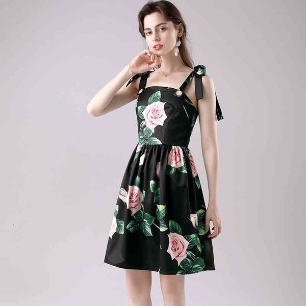 

dresses runway summer fashion designershort women spaghetti strap floral print mini elegant party a line female es, Black;gray