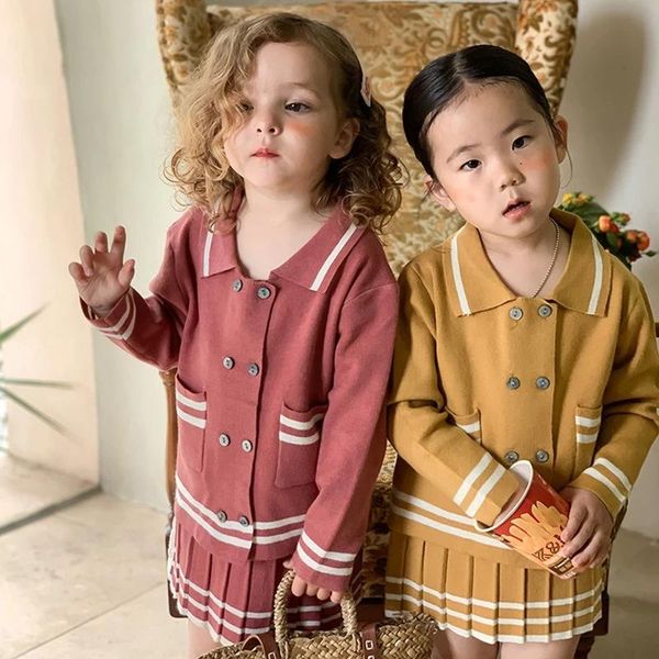 

clothing sets girls autumn and winter fashion knitwear 2021 baby girl soft loose cardigan pleated skirt 2-piece set kids clothes, White