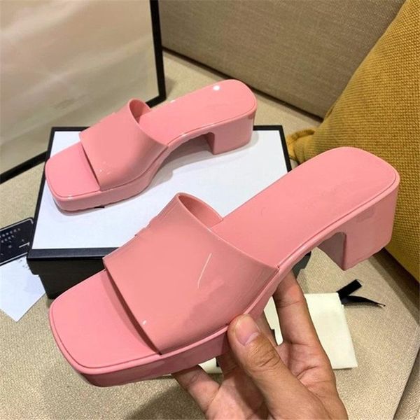

slippers 2021 desinger candy color jelly pvc platform women shoes summer square toe heels mules outdoor beach dress thick sole, Black