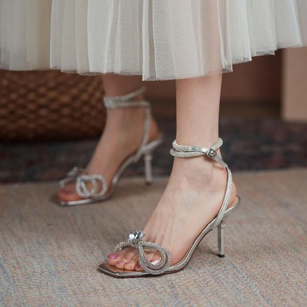 

dress shoes 2021silver crystal women sandals shine rhinestone bowknot summer thin high heels lady sandalias femmes ankle strap pumps, Black