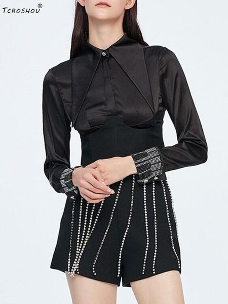 

pure color, lapel, heavy craftsmanship, long sleeves, drilling, waist, short shirt, ladies' autumn styles, all-match women's blous, White
